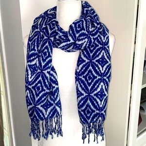Blue White Ikat Pattern Bohemian Braided Tassel Warm Scarf Fall Bonfire
